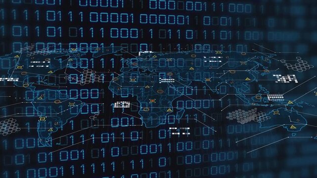 Animation of binary code over world map on black background