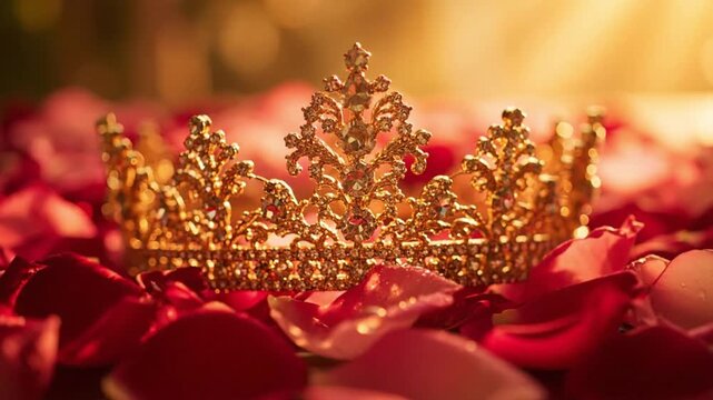 Sparkling golden crown with jewels resting on vibrant red rose petals