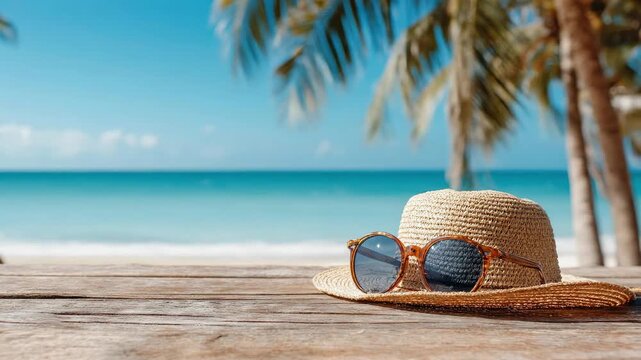 Summer vacation concept with straw hat and sunglasses on wooden table against tropical beach background