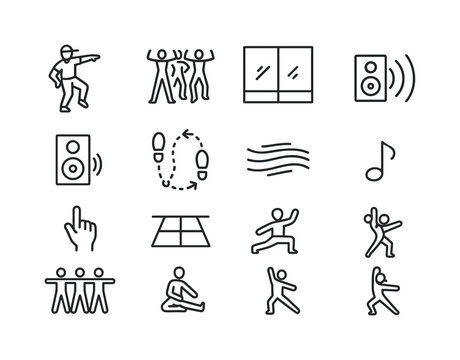 Dance Class Icons. A Choreographer Teaching a Dance Class in a Studio. Line icon set of A Choreographer Teaching a Dance Class in a Studio: choreographer pose,