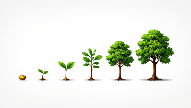 Tree grows from a seed to a sapling to a small tree to a large tree
