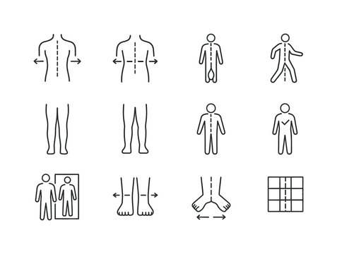 Body Symmetry Icons. Body symmetry. Line icon set of body symmetry: symmetrical shoulders, symmetrical hips, even weight distribution, center of gravity icon,