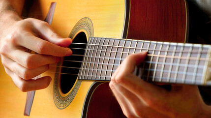 Fototapeta premium Close-up of a person playing an acoustic guitar with focused fingers.