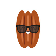 Pecan nut with glasses, cute and fun cartoon character, tasty and healthy nut, big eyes, emotions joy delight, happy smiling face, kawaii style, icon vector children's illustration.