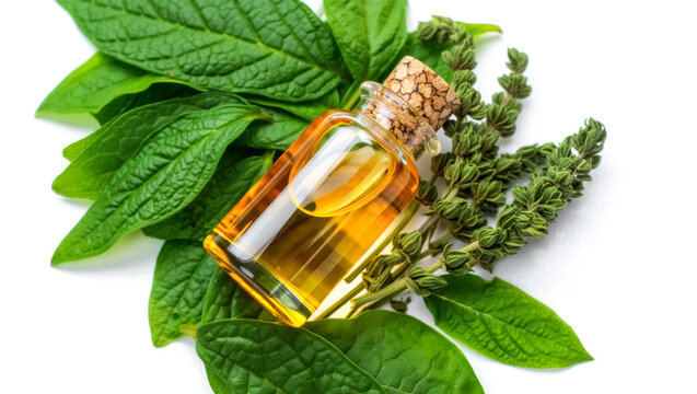 Bottle of oil is on top of some leaves