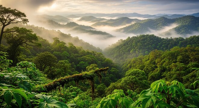 Misty Rainforest Mountains at Sunrise: Lush Green Hills and Foggy Valleys - Powered by Adobe