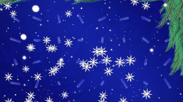 Animation of vector white snowflakes moving over rotating sticks against blue background