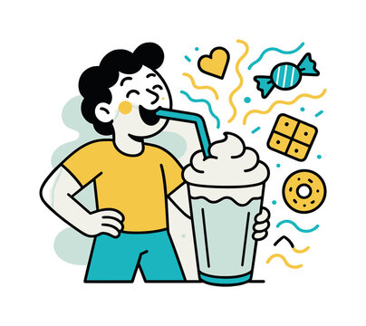 Milkshake Delight. Milkshake joy. A thick drink with whipped cream and a tall straw being slurped with delight; wavy sweet icons swirl upward. Modern flat-line