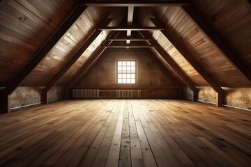 Rustic wooden attic room with a single sunlit window and old radiators