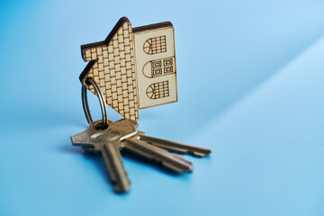 wood house shape keyring against blue background
