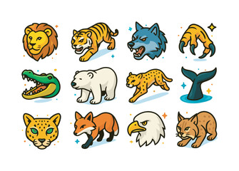 Obraz premium Carnivore Icon Set. Carnivores. Colorful isometric vector icons set of Carnivores: lion head, tiger prowl, wolf growl, hawk claw, crocodile mouth, polar bear,