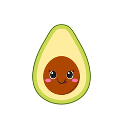 Avocado cute and fun cartoon character, tasty and healthy fruit, big eyes, emotions joy delight, happy smiling face, kawaii style, icon vector children's illustration.