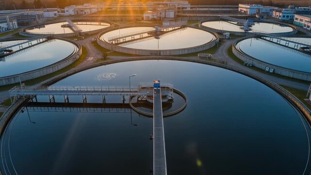 Aerial Water Purification Plant: Round Tanks Reflecting Vibrant Sunset Sky