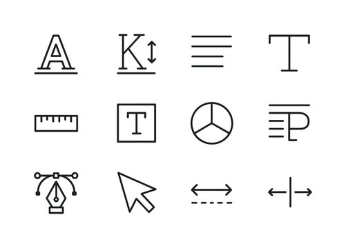Typography Principles Icons. Typography principles. Line icon set of Typography principles: letter A, baseline, kerning symbol, text alignment, font size