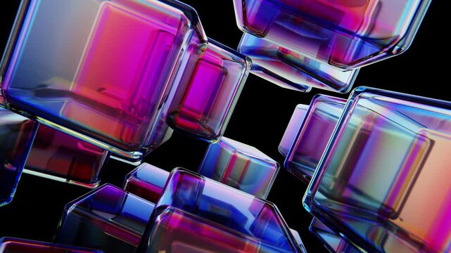 Abstract background showing colorful iridescent glass cubes slowly rotating against a black backdrop. Seamless loop