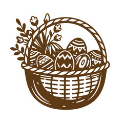 Fototapeta premium Vintage Brown Easter basket with decorated eggs and flowers isolated on white background