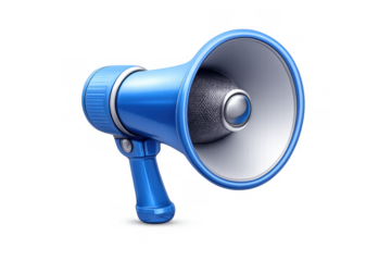 Blue megaphone creating announcement for marketing, advertising, and public relations campaigns with transparent background