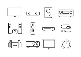 Plakat Home Theater Icons. Home Theater System. Line icon set of Home Theater System: TV screen, soundbar, subwoofer, AV receiver, remote control, surround speakers,