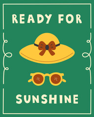 Summer Accessories Poster. Straw hat and sunglasses vector illustration, relaxed vacation mood, stylish flat artwork for travel banner, fashion print seasonal decor.