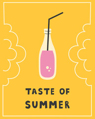 Summer Fizzy Drink Poster. Carbonated Soda Beverage bottle artwork with straw, fresh minimal bright palette refreshing seasonal vector illustration for banner kitchen decor and lifestyle graphic