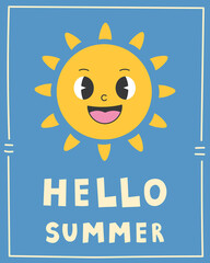 Summer Sunshine Quote Poster. Smiling sun character vector artwork with bright palette, playful flat style, joyful seasonal greeting illustration for kids decor cards banners cheerful design
