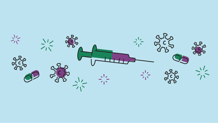 Medical Vaccination Doodle with Syringe Pills and Virus Cells Illustration