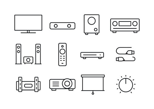 Home Theater Icons. Home Theater System. Line icon set of Home Theater System: TV screen, soundbar, subwoofer, AV receiver, remote control, surround speakers,