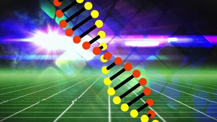 Animation of dna structure spinning over green grid network against grey background - Powered by Adobe
