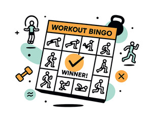 Fitness Bingo Fun. Workout Bingo Game. A floating bingo board made of fitness icons like jump rope, plank, burpees, etc. One square is marked ?WINNER!? and is
