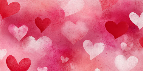 Colorful hearts pattern in soft red and pink watercolor style  