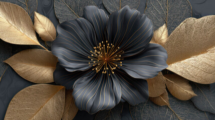 Luxury Black Flower with Gold Botanical Leaves