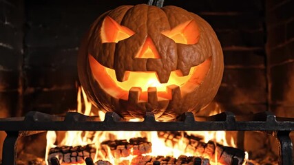 Burning Halloween Pumpkin: A festive, carved pumpkin with a jack-o'-lantern face sits illuminated amidst the warm glow of a fireplace