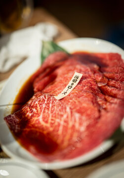 thin sliced beef at jakiniku restaurant in Osaka
