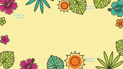 Summer Tropical Leaves Border Frame with Hibiscus Flowers and Sun Icons