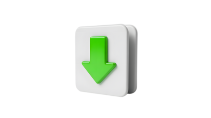 A vibrant green downward pointing arrow rendered in a three dimensional style placed upon a clean white square button against a dark black background 