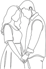 Elegant one-line drawing of a romantic couple embracing and holding hands, capturing love and intimacy in a simple, artistic vector graphic illustration