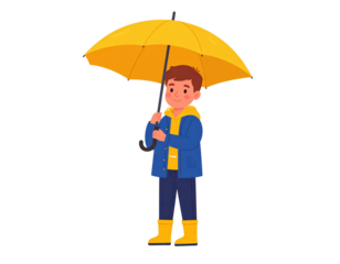  Cute boy under yellow umbrella illustration rainy day childhood scene 