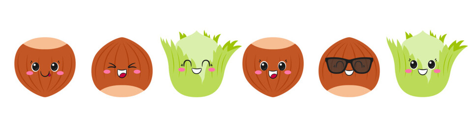 Set hazelnut, cute and fun cartoon character, tasty and healthy nut, big eyes, emotions joy delight, happy smiling face, kawaii style, icon vector children's illustration.