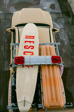 Top view of Lifeguard Rescue vehicle & surfboard