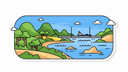 Naklejka premium A stylized flat illustration depicts a coastal scene with a ship sailing under a bridge and a sandy beach