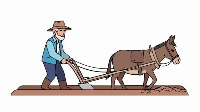 An old farmer guides a mule plowing a field with a traditional plow