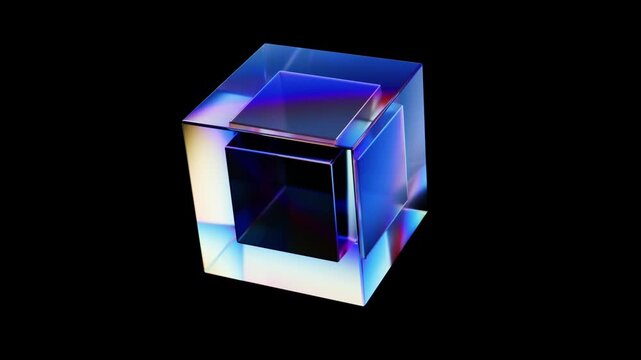 Abstract glass cube rotating, showing rainbow light dispersion and reflections on a black background. Seamless loop