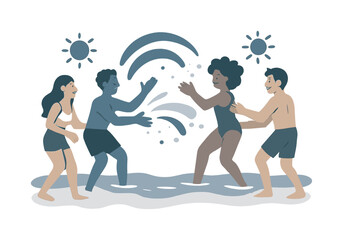 Playful Beach Splash. Friends at the beach. Friends splash each other playfully at the shoreline, water arcs forming clean curved shapes. Sun symbols drift in