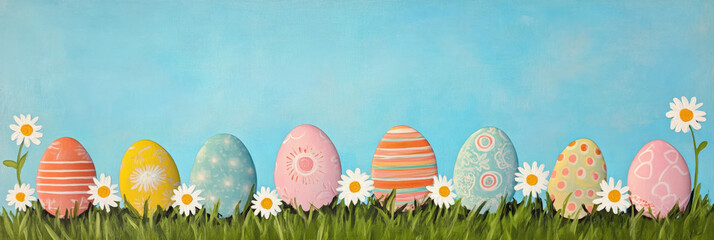 Colorful Easter eggs with floral and striped patterns arranged in green grass with white daisies under bright blue sky, evoking spring joy