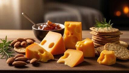 Cheese lover day food Assortment of various cheeses, crackers, almonds, and fig jam on a rustic wooden board, perfect for a cozy evening snack | Cheese, lover, day, food, festival.