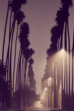 Palm Trees in a Row on Foogy Los Angeles Street