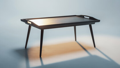 Minimalist wooden breakfast tray table with elegant tapered legs and integrated handles, casting long shadows on a gradient background, perfect for modern home decor and comfortable living.