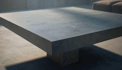 Modern concrete coffee table with minimalist design and textured surface, casting subtle shadows in an interior setting, ideal for contemporary home decor concepts.