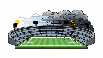 A stadium divided by weather, sunny on one side, stormy on the other