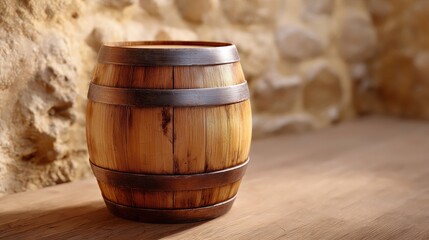 Wooden barrel with metal bands, placed on a wooden surface, against a rustic stone wall, showcasing craftsmanship and traditional storage methods in a warm atmosphere